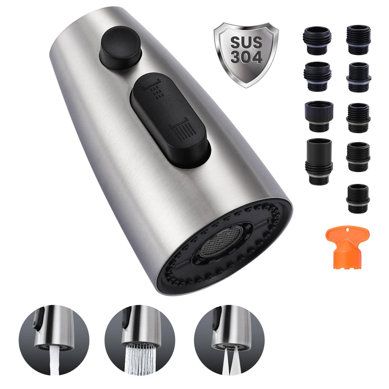 Kitchen Faucet Head Replacement:Stainless Steel Spray Head,3 Modes Pull Out Spray Nozzle with 9 Adapters for Kitchen Sink Faucet,Compatible with Moen Kohler Delta Kitchen Faucets G1/2,Brushed Nickel Brushed Nickel Stainless Steel