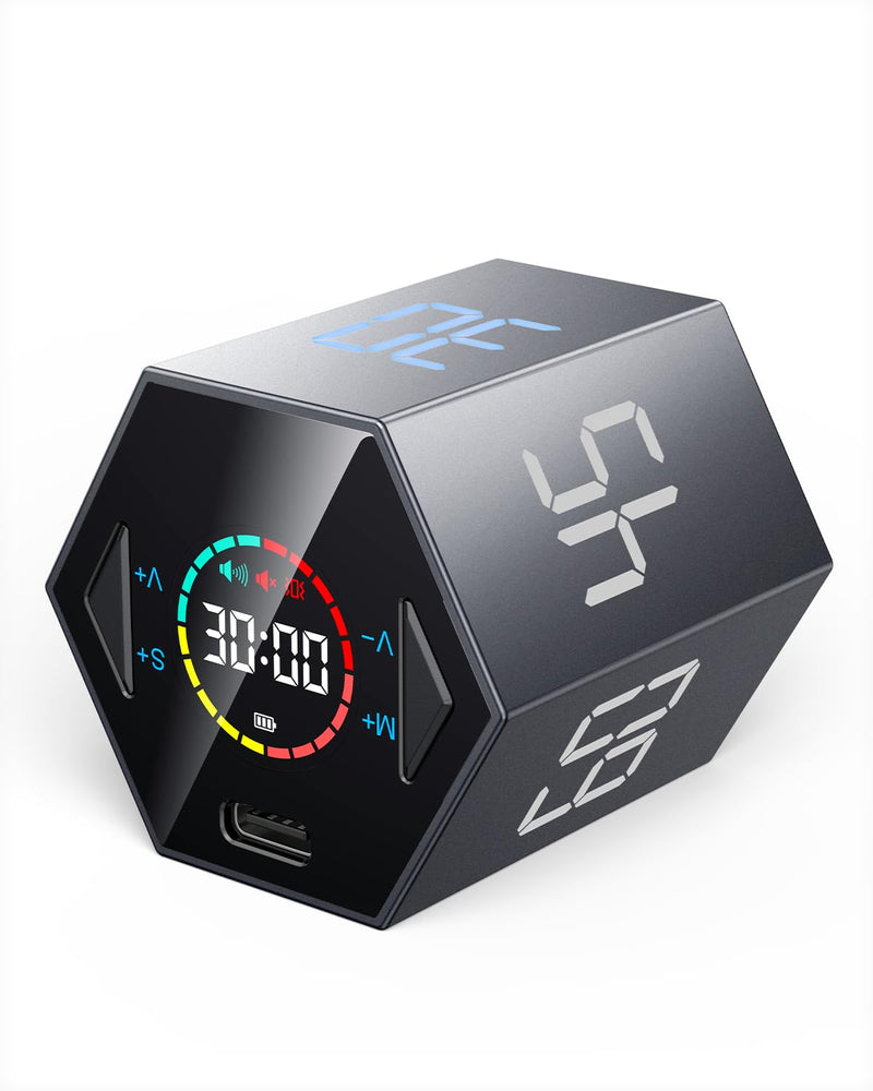Pomodoro Timer Cube, Hexagon Productivity Timer, Pause & Resume, Silent, Vibrate & Adjustable Sound Alert, for ADHD, Task, Work, Study, 5/15/25/30/45/60min & Custom Countdown,Gray Gray