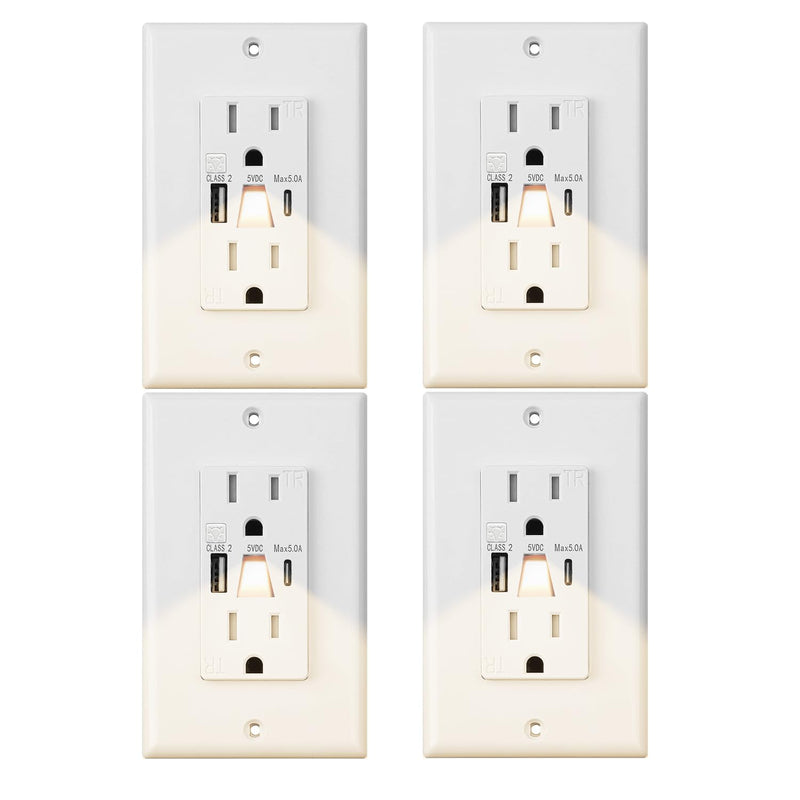USB Outlet with Light, Modern 15A Standard Outlet with Night Light, USB Type A & Type-C Electrical Outlet with Light,Tamper Resistant(TR) Receptacle Outlet with LED Light-Easy to Install (4PCS, White) 4