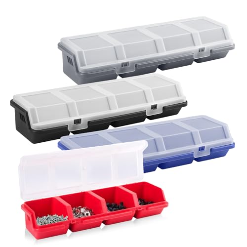  [AUSTRALIA] - 4 Pack Screw Organizer Box with Lids, 4 Compartments Tool Bin Stackable Sorting Screw Toolbox for Garage Nails Hardware Workbench Organizing Storage, Blue & Red & Black & Grey