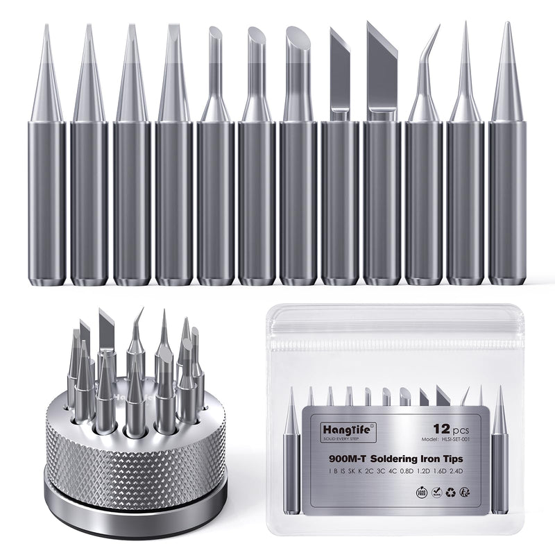 HANGLIFE 900M Soldering Iron Tips with Tip Holder for Hakko, Yihua, Atten, Quick, Ryobi, and More Soldering Stations/Guns - Replacement Solder Tips for Welding Equipment & Accessories (12 pcs) Kit 1 With Holder
