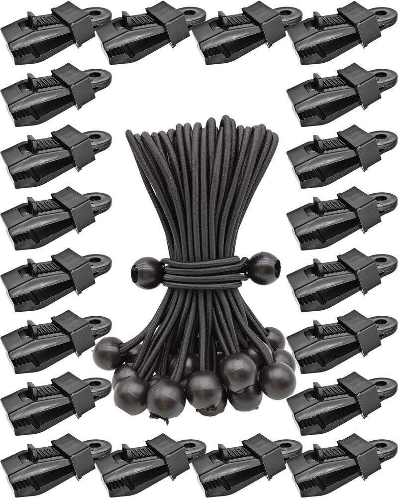 Tarp Clips Lock Grip, 40 Pack Tarp Clamps Heavy Duty and Ball Bungee Cords Set, Tent Clips with 6 Inch Bungie Cord Balls for Awnings Camping, Patio Umbrellas, Pool Awning Cover 40pcs Black
