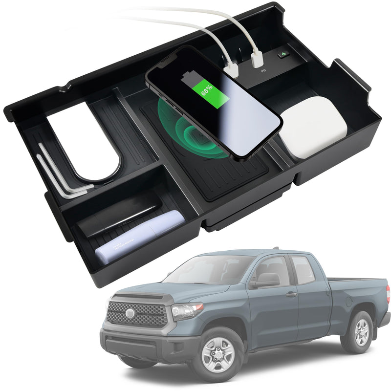 Wireless Charger for Toyota Tundra 2014-2021 Accessories | Center Console Organizer Tray, USB-A USB-C Fast Phone Charging Panel Pad, Armrest Storage Box for Tundra