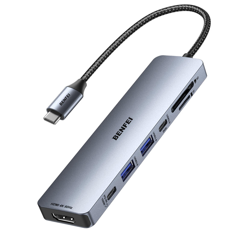BENFEI 7-in-1 USB C Hub with HDMI(4K@60Hz), 2 USB-A, 1 USB-C Data, 100W Charge, SD/TF Card Reader, Silicone Tangle-Free Cable Compatible with MacBook Pro/Air, iPad Pro, iMac, iPhone 15 Pro/Pro Max Grey