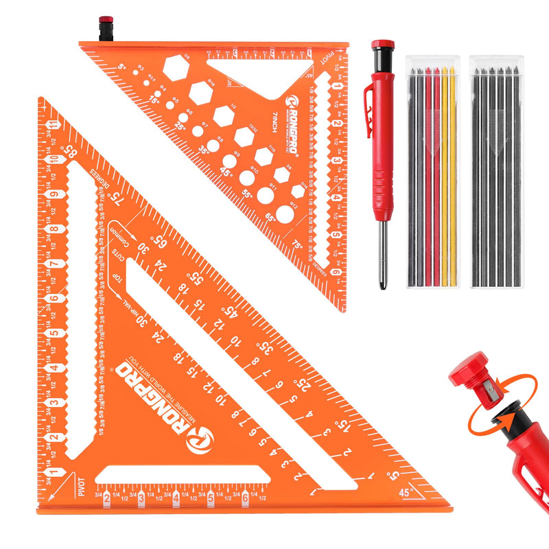 2pcs Rafter Square, 12-inch & 7-inch Carpenter Sqaure Set withWoodworking Pencil, Carpenter Measuring Layout Tool,Aluminum Alloy Triangle Ruler for Woodworking- Imperial 7+12 inch