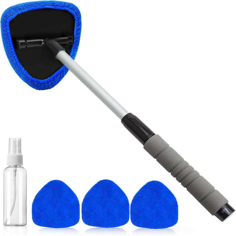 desin Windshield Cleaning Tool, Car Window Cleaner Windshield Cleaner with 4 Reusable and Washable Microfiber Pads and Extendable Handle Auto Inside Glass Wiper Kit Blue