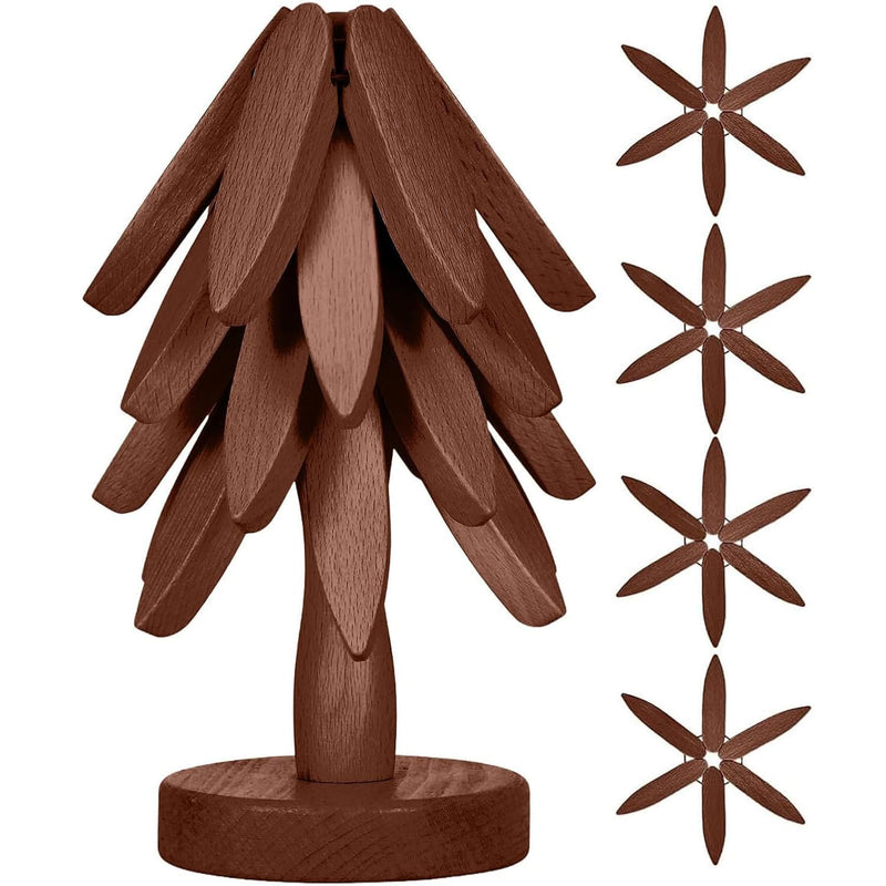 Wooden Cup Coaster Set，Tree Shape Trivet Set,Tree Coasters- 4 Wooden Trivets + 1 Stand stored for hot Dish/Pot/Bowl/teapot/hot Pot Set Brown