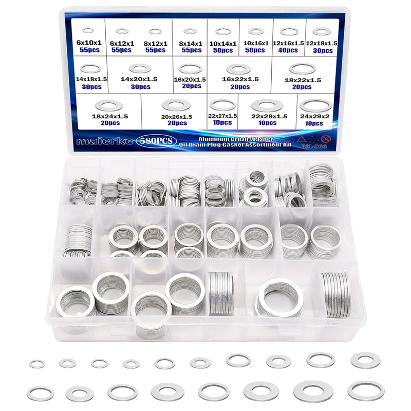 580PCS Crush Washer Oil Drain Plug,18 Sizes Aluminum Oil Drain Plug Gasket Assortment,Automotive Engine Crush Washers (M6 M8 M10 M12 M14 M16 M18 M20 M22 M24) 580PCS (M6-M24)
