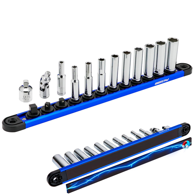 12-Piece 1/4" Drive Metric Long Socket Set 4-13mm with 1 Piece Magnetic Organizer Rail Rack, Premium 6-Point Deep Socket Assortment with 3/8" to 1/4" Adapter and 1/4" Universal Joint (Blue) 1/4-Deep-Metric