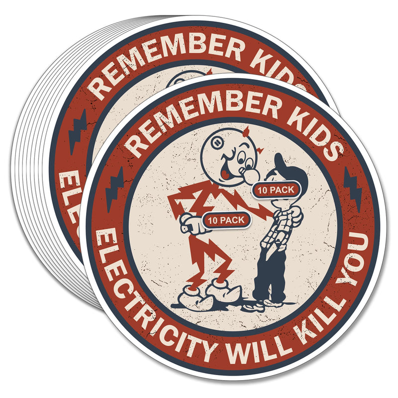 GRITKULTURE Remember Kids Electricity Will Kill You Decal Stickers 10 Pack 2.95 Inch Safety Warning for Hard Hat, Blue Collar, Car, Truck, Window, Reddy Kilowatt, Outlets
