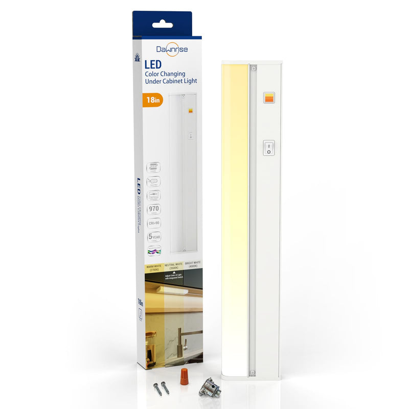 Dawnrise 18" Hardwired Under Cabinet Light,Linkable,970 Lumens,3 Color Selectable,Brightness Adjustable,Under Counter Lights for Kitchen,Wide Luminous Surface,White Finish,Metal Base(1 Pack) 1 Pack 18 Inch