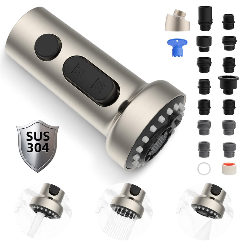 Hibbent Stainless Steels Pull Down Faucet Head Replacement, NSF/ANSI/CAN 61 & CUPC Certified 3 Function Kitchen Sink Sprayer Head, 15 Adapters, Compatible with Moen, Kohler Faucets, Brushed Nickel Stainless Steel with 15 Adapters