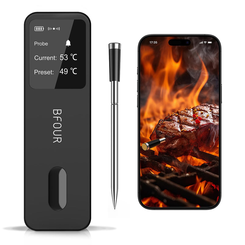 BFOUR Meat Thermometer Digital Wireless with LCD Booster, Bluetooth Food Cooking Thermometer with Smart App, 524FT Remote Range, 100% Waterproof & 752°F Heat Resistant Probe for BBQ Oven Grill Smoker Black