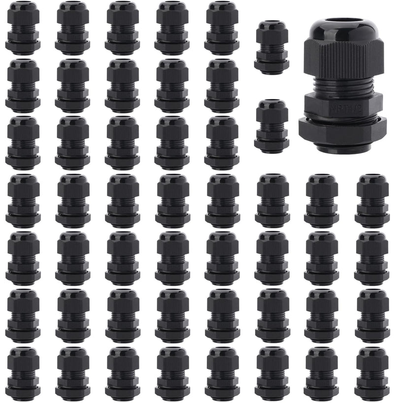 50PCS 1/2'' NPT Cable Gland Waterproof Adjustable 6-12mm/0.24-0.47inch Nylon Cable Glands Joints with Gaskets (1/2'', 50PCS) 1/2'' NPT 50pcs