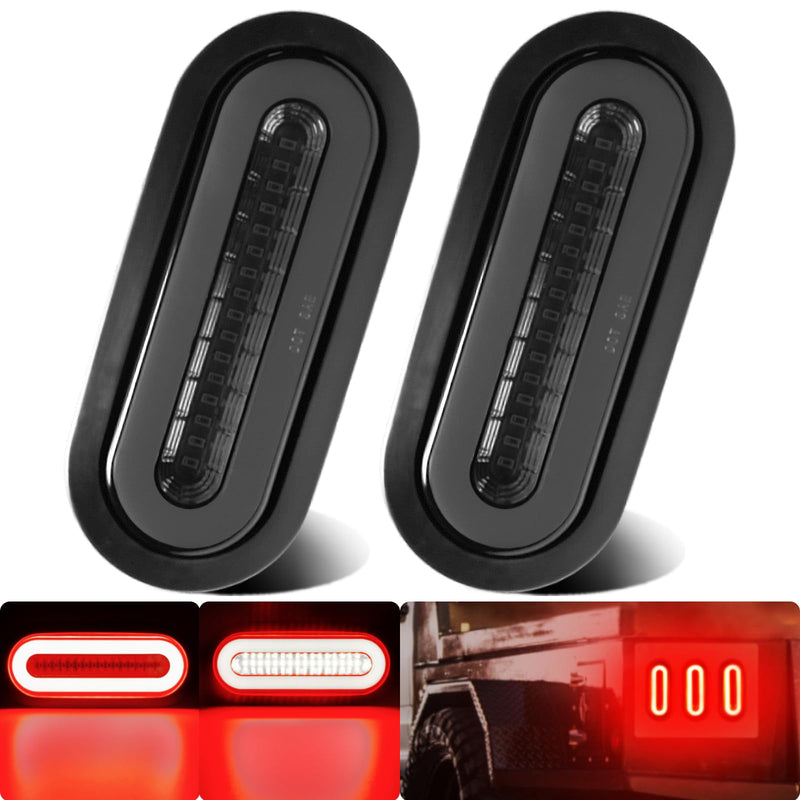2Pcs 6" inch Smoked Lens Oval Red 52 LEDs Trailer Boat Halo Brake Stop Running Turn Signal Tail Lights【Patented】 w/Rubber Grommet, Sealed Submersible IP67 for Truck/RV/Van, DC 12V