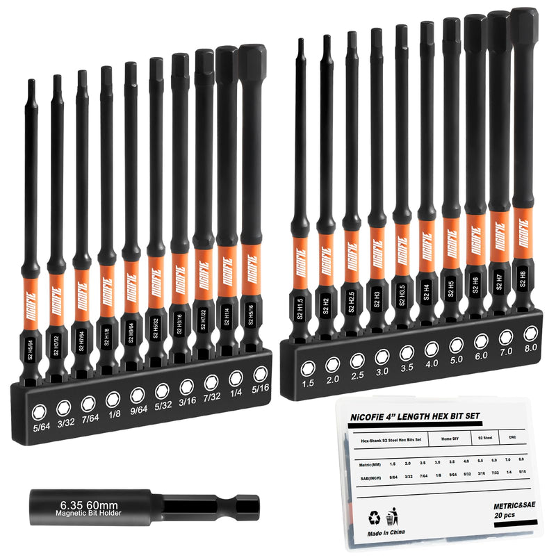 Impact 4" Long Allen Wrench Drill Bit Set Hex Bit Set 20pcs (Metric&SAE), 1/4" Hex-Shank S2 Steel, CNC Machined Tips with Extension Socket and Storage Box 4" 20pcs Hex Bit Set