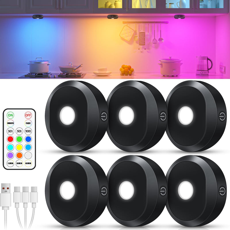 WILLED Under Cabinet Lighting Wireless,RGB Rechargeable Puck Lights with Remote Control,Battery Touch Tap Light with Timer Function,Stick On LED Lights for Kitchen,Cabinet,Counter,Closet,Shelf,6 Pack 6 Pack RGB Multicolor
