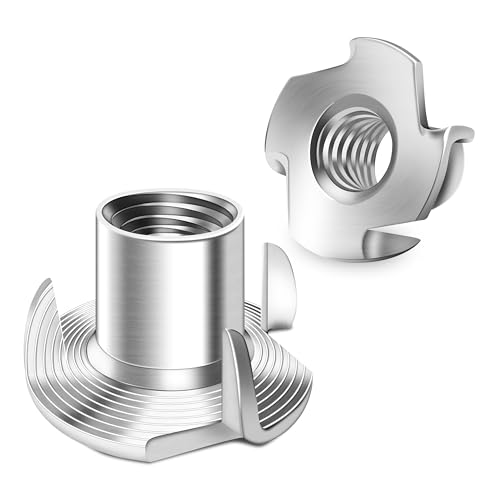 100Pcs 1/4-20 Nut, 304 Stainlee Steel 1/4 20 Nut Hardware Nuts, 4-Pronged Tee Blind Nuts Threaded Insert T Nuts 1/4-20" for Wood Working, Funiture, Rock Climbing Holds, Cabinet by Mywish 1/4"-20 Silver (304 Stainless Steel)