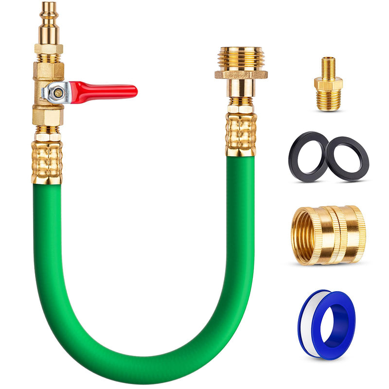 Brass RV Winterizing Kit with Schrader Valve Blow Out Plug, 17 Inch Garden Hose with 3/4" GHT Adaptor & 1/4" NPT Quick Connect Plug, Sprinkler Blowout Adapter for Camper, Travel Trailer