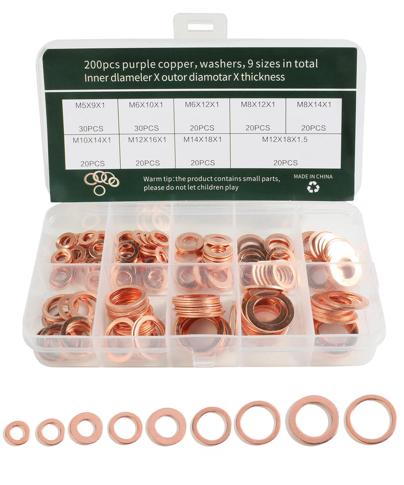 200PCS Crush Washer,Crush Washer Oil Drain Plug,Car Accessories Crush Washer Assortment,M5 M6 M8 M10 M12 M14 Metric Copper Washers,Oil Drain Plug Crush Washer,Suitable for Most Vehicles
