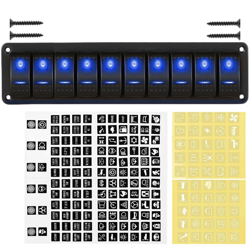 10 Gang Marine Rocker Switch Panel Waterproof, 12V 24V 5 Pin SPST Aluminum Boat Switch Control Panel LED Toggle Switch, ON Off Dash Switch Panel for Car RV ATV UTV Truck Campervan (Blue) Blue 10 Gang