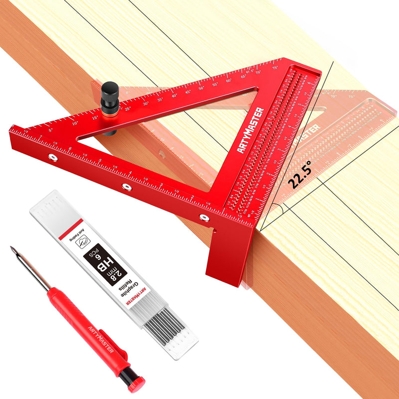 8 inch 3D Multi-Angle Measuring Square Ruler, WT103C High Precision Hole Scribing Woodworking Tools, 0-90° Aluminum Alloy Carpenter Square with Stair Gauges, Carpenter Pencils 6 Refills. 8 inch Square+Pencil+Stair Gauge Imperial