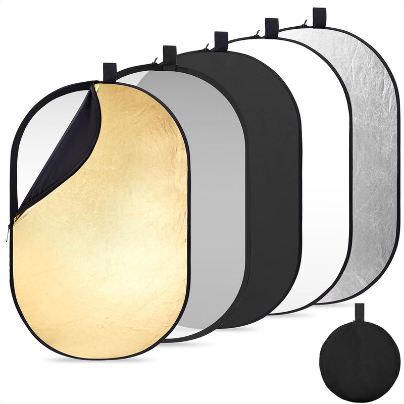 K&F CONCEPT 24" x36”(60x90cm) 5-in-1 Oval Foldable Reflector with Carrying Bag, Gold, Silver, Black, White Reflective Fabric and Translucent Soft Fabric for Studio Lighting 60x90cm
