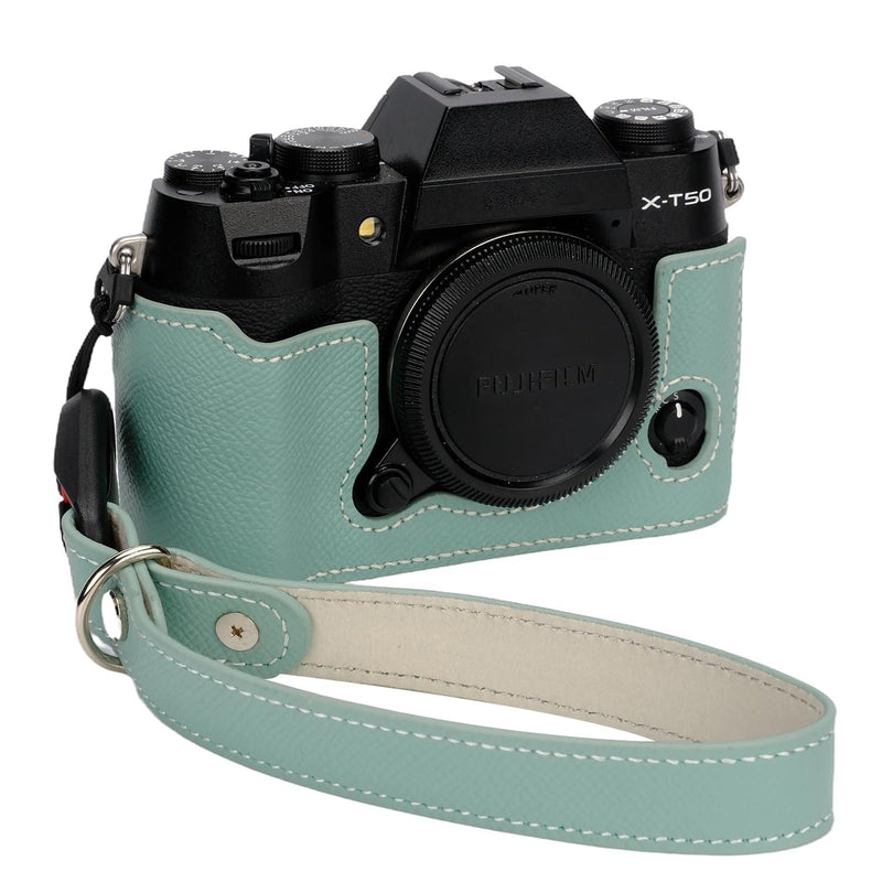 Bowan X-T50 Camera Case, Handmade Genuine Real Leather Half Camera Case Bag Cover for Fujifilm X-T50 Camera Bottom Opening Version + Hand Strap (Mint green) Mint green