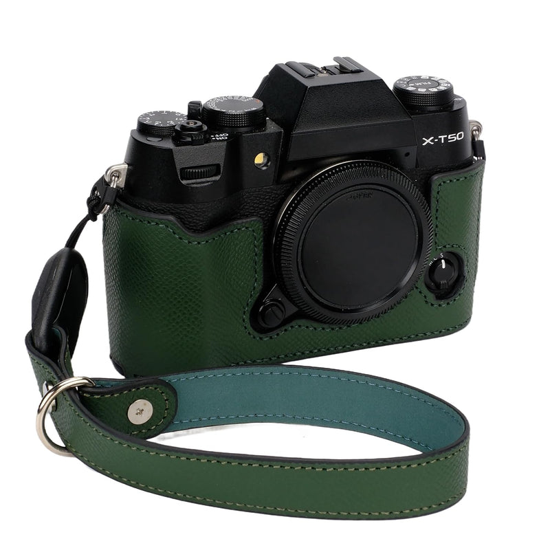 Bowan X-T50 Camera Case, Handmade Genuine Real Leather Half Camera Case Bag Cover for X-T50 Camera Bottom Opening Version + Hand Strap (Green) green