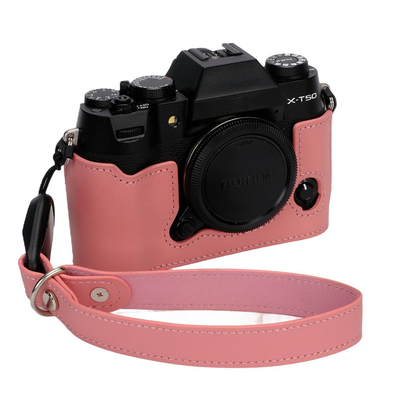 Bowan X-T50 Camera Case, Handmade Genuine Real Leather Half Camera Case Bag Cover for Fujifilm X-T50 Camera Bottom Opening Version + Hand Strap (Pink) Pink