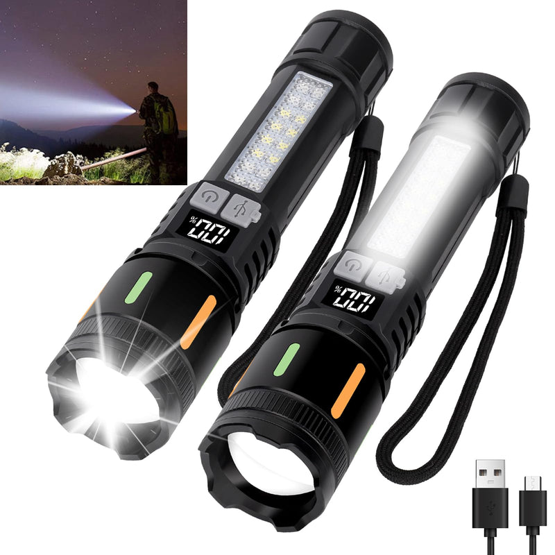 Flashlights High Lumens Rechargeable 2 Pack, Peascat 900,000L LED Tactical Flash Light, USB C Fast Charging, 5 Modes, IPX6 Waterproof, Power Display, Zoomable Handheld Flashlight for Camping Emergency M-2pc