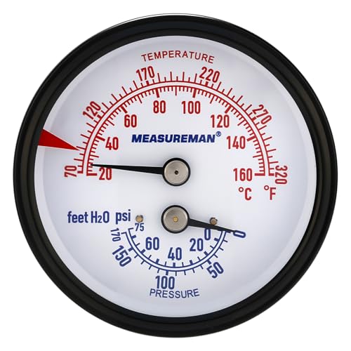 MEASUREMAN Commercial Tridicator, 2.5" Dial, 1/4" NPT Back Mount, Dual Scale 0-75 PSI 70-320°F, Rotatable Case with Adjustable Pointer（2.95'' Stem） 0-75 PSI 60-320°F 2.95'' Stem,2.5",No adapter connector