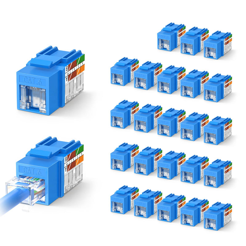 VCELINK RJ45 Cat6 Keystone Jacks 25 Pack with Dust Cover, Blue | Slim Profile, 90-Degree Punch Down, UTP Adapter