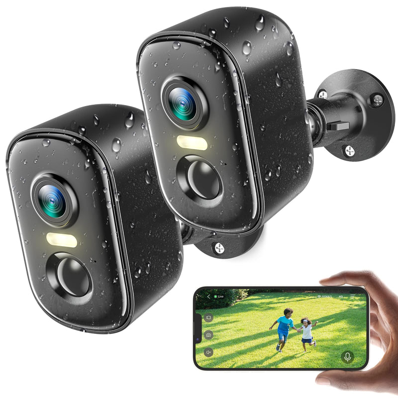 2K Security Cameras Wireless Outdoor, 2 Pack Battery Powered WiFi Cameras for Home Security with AI Motion Detection, Spotlight Color Night Vision, 2-Way Talk, Siren Alarm, IP65, Cloud/SD Storage Black 2 Pack