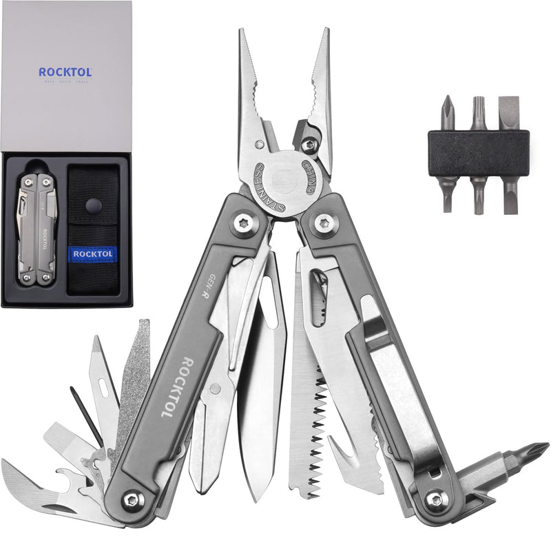 ROCKTOL Multitool Pliers, EDC Multitool Pocket Knife VG10 Blade, 27-in-1 Multi-tool with Titanium-plated Handle, Precision Screwdriver, Gut Hook for Hunting, Backpacking, Hiking, Camping, (Gen-R) VG-10 Knife Blade