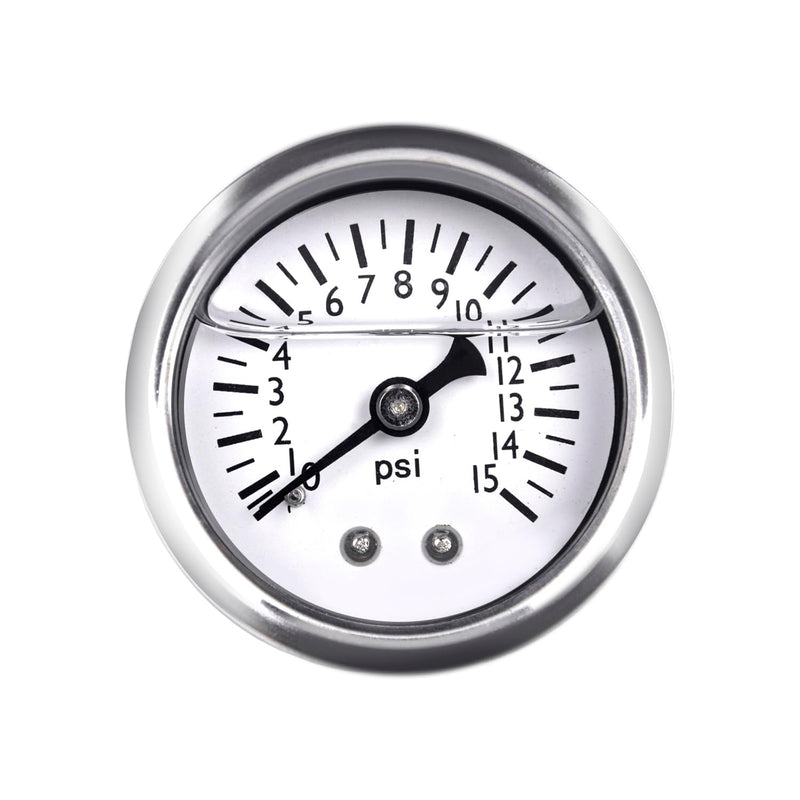 0-15 PSI Fuel Pressure Gauge, 1.5" White Dial, 1/8" NPT Center Back Mount, Glycerin Liquid Filled, 304 Stainless Steel case, Inline Low-Pressure Gauge, for Oil Water Air Pressure Test 0-15PSI