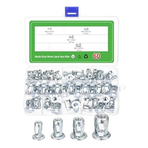 uxcell 60Pcs Multi-Grip Rivet Jack Nut, M4-0.7, M5-0.8, M6-1.0, M8-1.25 Petal Blind for Plastic Pressboard Hardboard Door Anchors Aluminium Cladding Steel Pipe 60