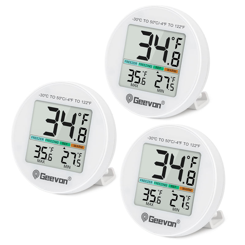 Geevon Small Digital Refrigerator Thermometer 3 Pack, IP65 Waterproof Commercial and Home Use, Max/Min Record Function with LCD Screen, Stand and Magnetic Back, for Fridge, Freezer Scenarios 8724
