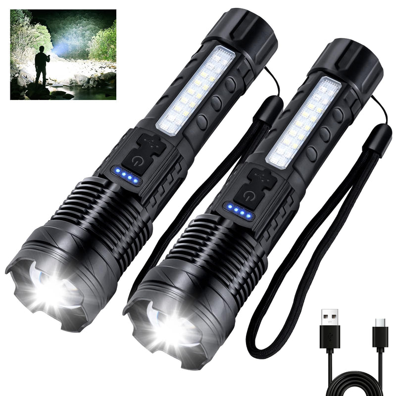 Rechargeable Flashlight 980,000L High Lumens 2 Pack, Led Tactical Flash Light, Super Bright Flashlights with 7 Modes, USB C Charging, Cob Side Light, IPX6 Waterproof, for Camping Emergency 2pc-L