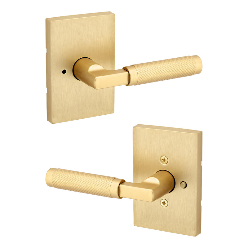 Kwikset Prava Interior Privacy Door Knurled Handle with Lock, Door Lever for Bathroom and Bedroom, Satin Brass, Reversible Keyless Push Button Lock Door Lever, with Microban Protection
