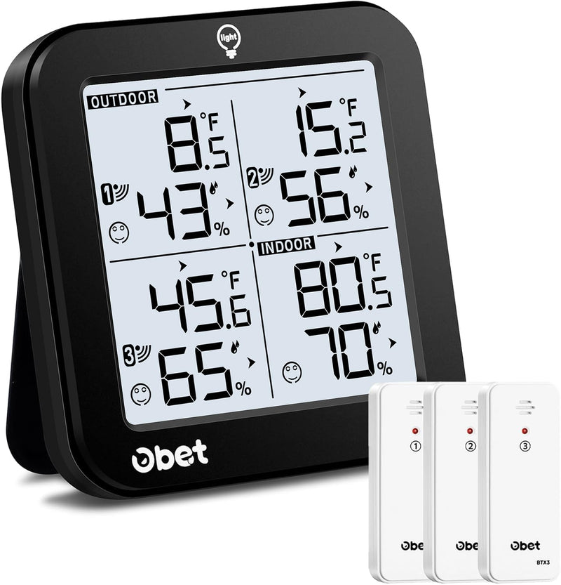 OBET Indoor Outdoor Thermometer Wireless Weather Station with 3 Sensors, Digital Hygrometer Remote Thermometer, Thermometer Temperature Humidity Monitor with Adjustable Backlight, USB Port (500 Feet) Black