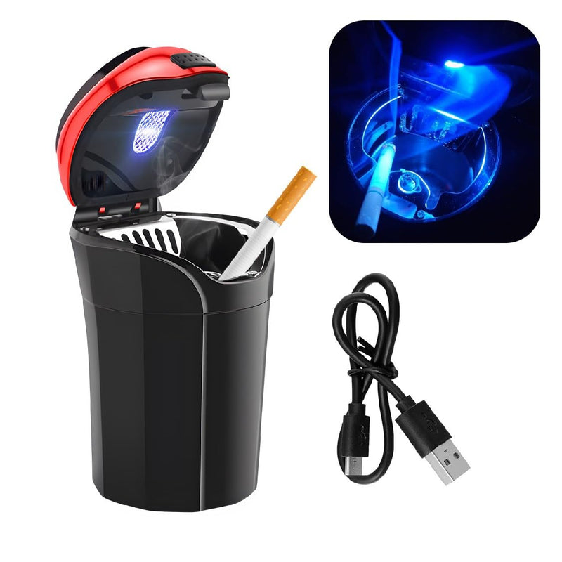 Car Ashtray with Lid, Rechargeable Stainless Auto Ashtray with LED Light Indicator, Portable Smell-Proof Ashtray Cup with Lid & Detachable Cigarette Lighter, Car Accessories (Red) Red