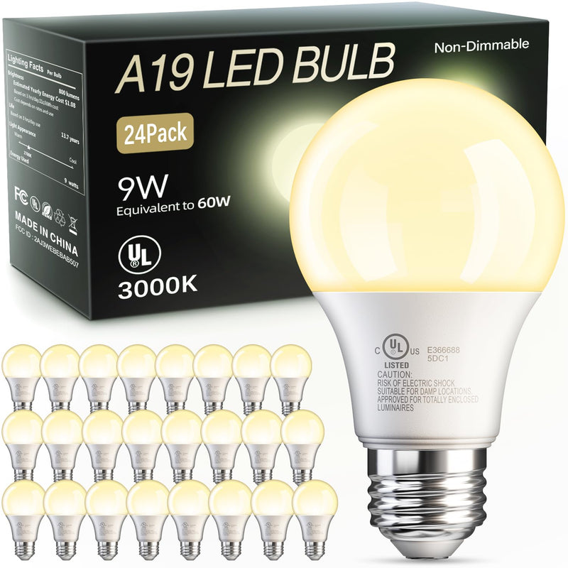TJOY 24 Pack A19 LED Light Bulbs Warm White 3000K, 60 Watt Equivalent, Efficient 9W, E26 Standard Base, Non Dimmable Energy Saving Warm Light Lamp Bulb, 800LM, 120V, for Home, Bedroom, Living Room 3000k Warm White