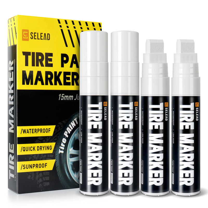 SELEAD Jumbo Tire Marker White - 4 Pack 15mm Wide Tip Paint Pens for Car Tires Lettering, Large Capacity Premium Ink Waterproof Permanent Markers 4white
