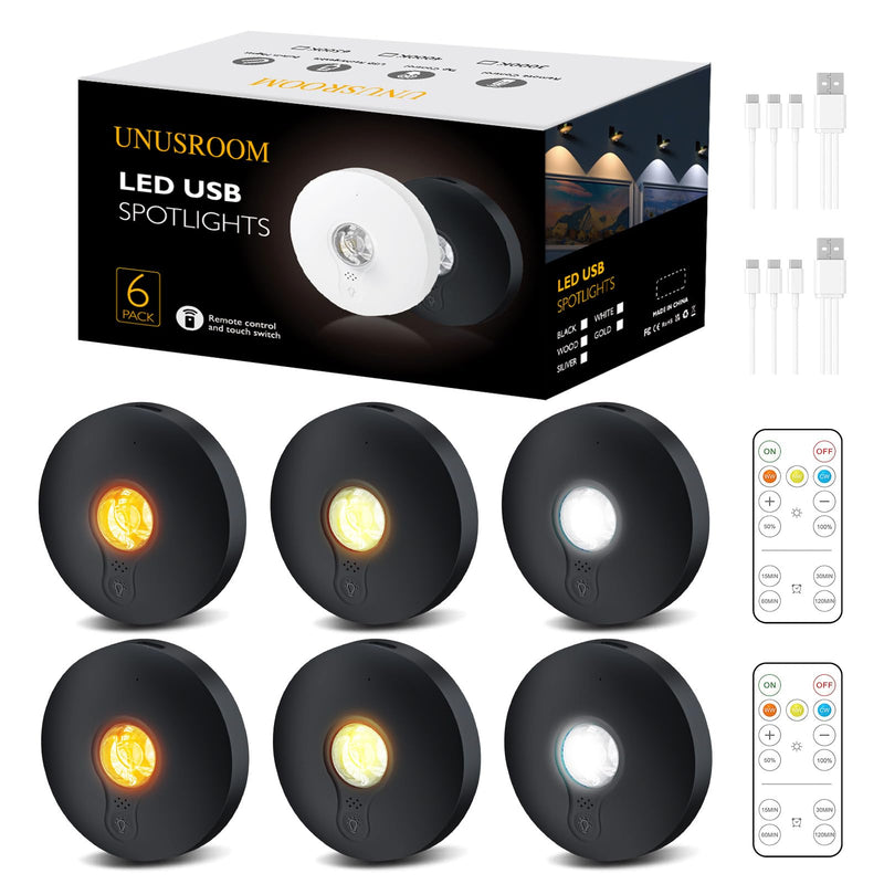 Rechargeable Puck Lights,LED Under Cabinet Lighting,2000mAh Battery Operated Tap Stick on Lights,Touch&Remote Controls Dimmable Wireless Closet Light for Kitchen (Black-3color, 6) Black-3color
