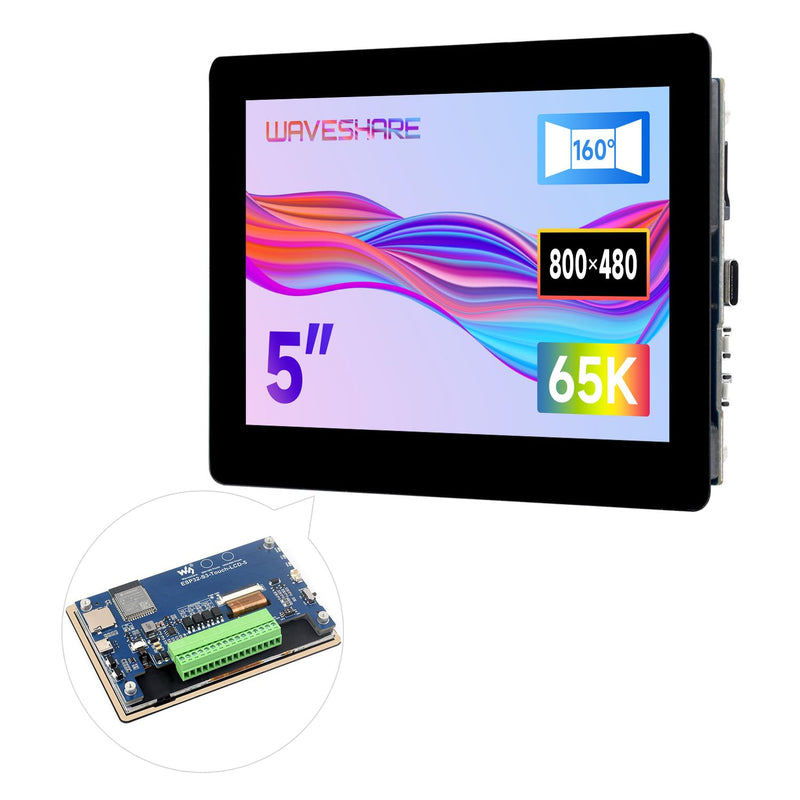 Waveshare ESP32-S3 5inch Capacitive Touch Display Development Board, 5-Point Touch, 32-Bit LX7 Dual-Core Processor, Support Wi-fi & BLE, with Onboard Antenna, 800×480 Display Resolution