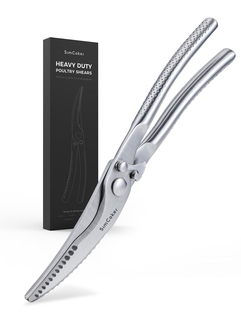 Full Steel Poultry Shears Heavy Duty, Professional Bone Cutting Scissors for Chicken, Meat, Turkey & Fish, Sharp & Durable Kitchen Shears, Dishwasher Safe Silver-full Steel