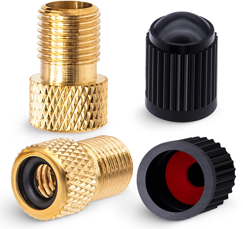 2PCS Brass Presta Valve Adapter, Convert Presta to Schrader Adaptor, Inflate Tire Using Standard Pump or Air Compressor for Bikes, 2 Pack Black Tire Valve Caps(Reticulated Grain Style) 2 pcs + 2 caps 2PCS Reticulated Grain Style + 2 Caps