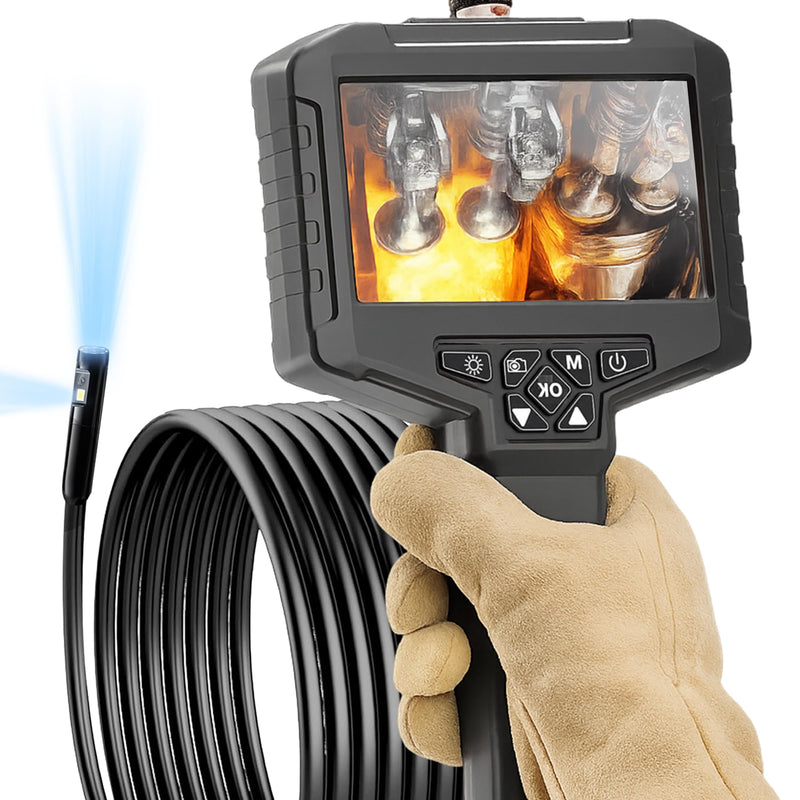 [Dual-Lens] Inspection Endoscope, Industrial Borescope Camera with Light, IP67 Waterproof Drain Pipe Scope Camera, 16.5ft Semi-Rigid Cord Borescope with Light, 1080 HD Screen(32GB Capacity)