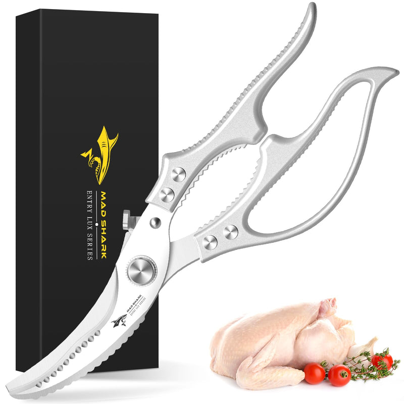 MAD SHARK Heavy Duty Poultry Shears, Kitchen Shears with Non-Slip Handle & Safety Lock, All Purpose Kitchen Scissors for Chicken, Meat Cutting, Turkey, Fish, Vegetables, Spring Loaded, Dishwasher Safe Silver